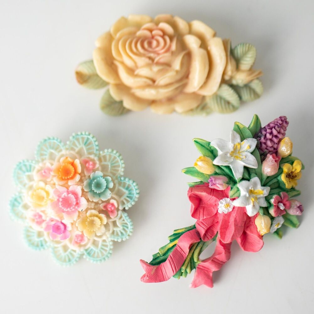 Vintage Floral Brooch Lot of 3 Celluloid Plastic Flower Bouquet Rose Pins